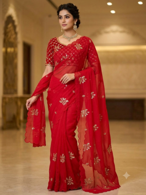Red Color Hand Work Satin Saree 1