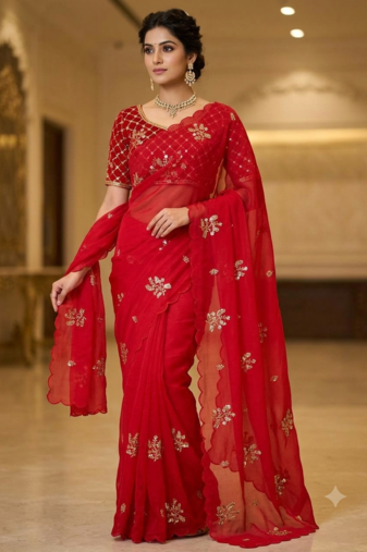 Red Color Hand Work Satin Saree