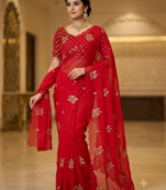 Red Color Hand Work Satin Saree