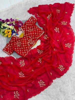 Red Color Hand Work Satin Saree 2