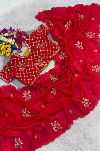 Red Color Hand Work Satin Saree