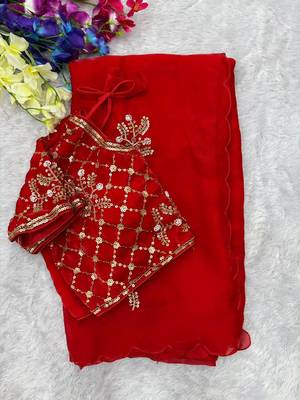 Red Color Hand Work Satin Saree 3