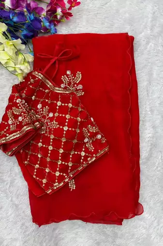 Red Color Hand Work Satin Saree