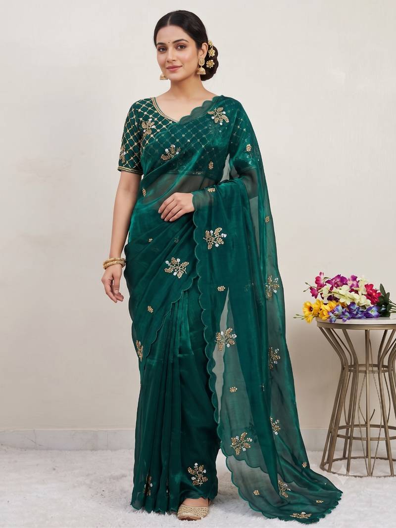 Teal Color Hand Work Satin Saree