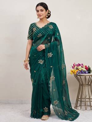 Teal Color Hand Work Satin Saree 1
