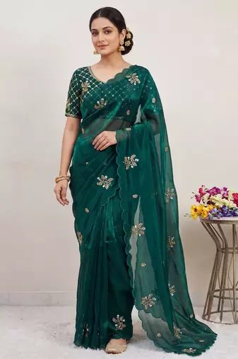 Teal Color Hand Work Satin Saree
