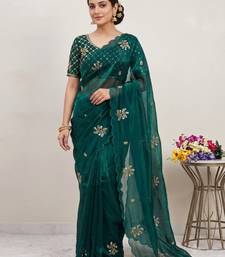 Teal Color Hand Work Satin Saree