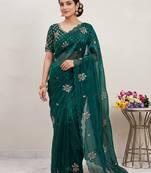 Teal Color Hand Work Satin Saree