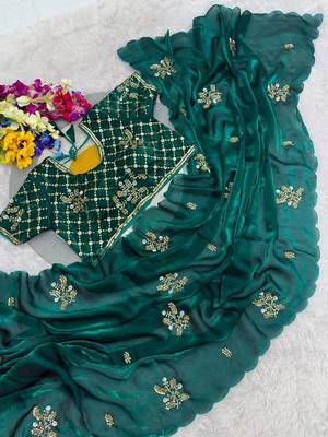 Teal Color Hand Work Satin Saree 2