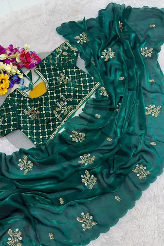 Teal Color Hand Work Satin Saree