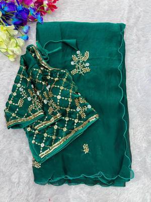Teal Color Hand Work Satin Saree 3
