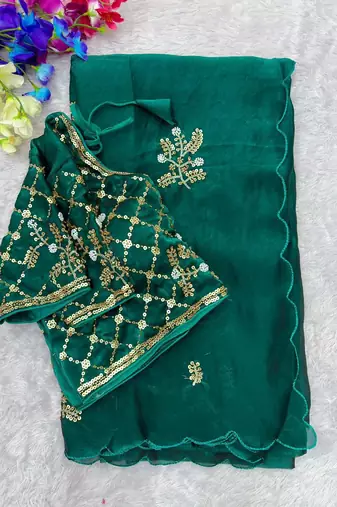 Teal Color Hand Work Satin Saree