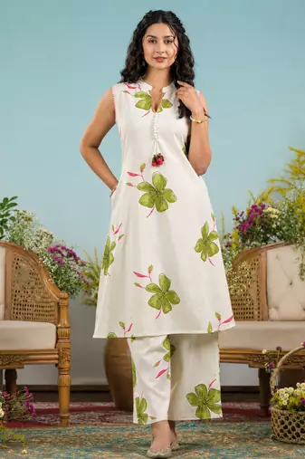 Off-White Floral Printed Cotton Kurta & Palazzo Set
