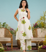 Off-White Floral Printed Cotton Kurta & Palazzo Set