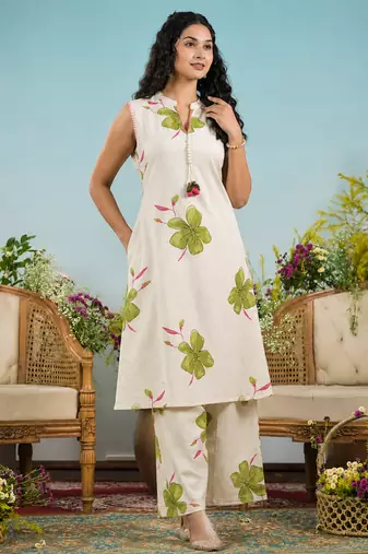 Off-White Floral Printed Cotton Kurta & Palazzo Set