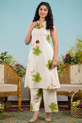 Off-White Floral Printed Cotton Kurta & Palazzo Set