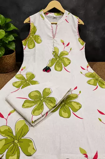 Off-White Floral Printed Cotton Kurta & Palazzo Set