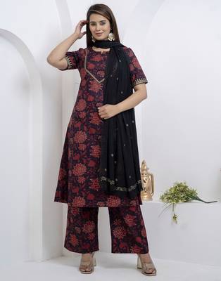 Women dark navy blue cotton round slight v neck with border deatiling at front label and sleeves   kurta set 1