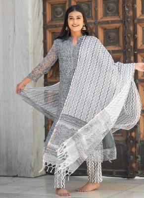 Women grey pure handblock kota doriya beautiful hand sequence work. kurta set 1