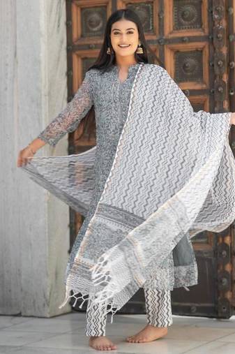 Women grey pure handblock kota doriya beautiful hand  sequence  work.  kurta set