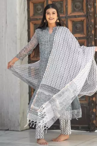 Women grey pure handblock kota doriya beautiful hand  sequence  work.  kurta set