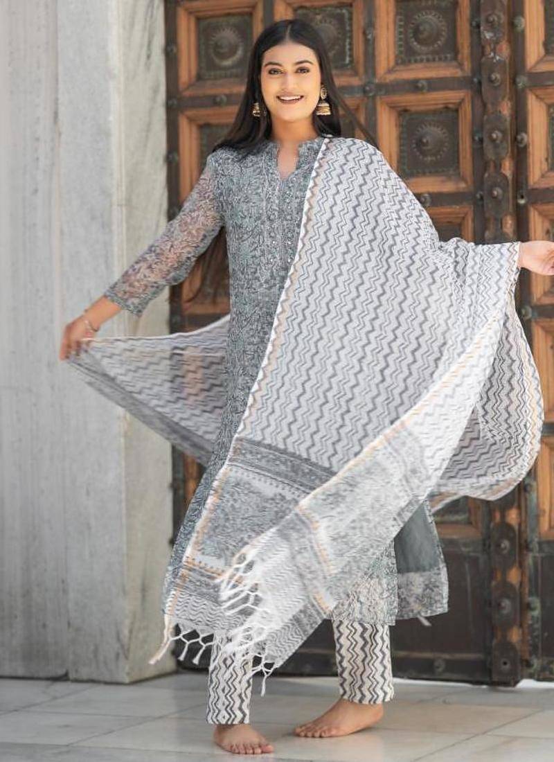Women grey pure handblock kota doriya beautiful hand  sequence  work.  kurta set