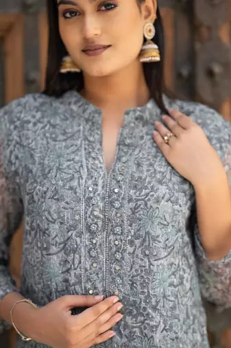 Women grey pure handblock kota doriya beautiful hand sequence work. kurta set