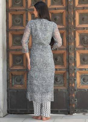 Women grey pure handblock kota doriya beautiful hand sequence work. kurta set 3