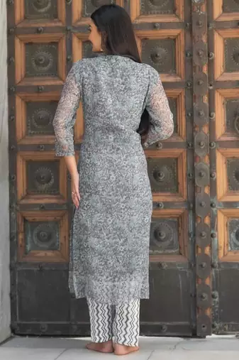 Women grey pure handblock kota doriya beautiful hand sequence work. kurta set
