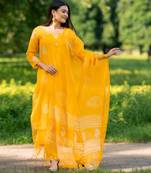 Women yellow pure handblock kota doriya beautiful hand  sequence  work.  kurta set