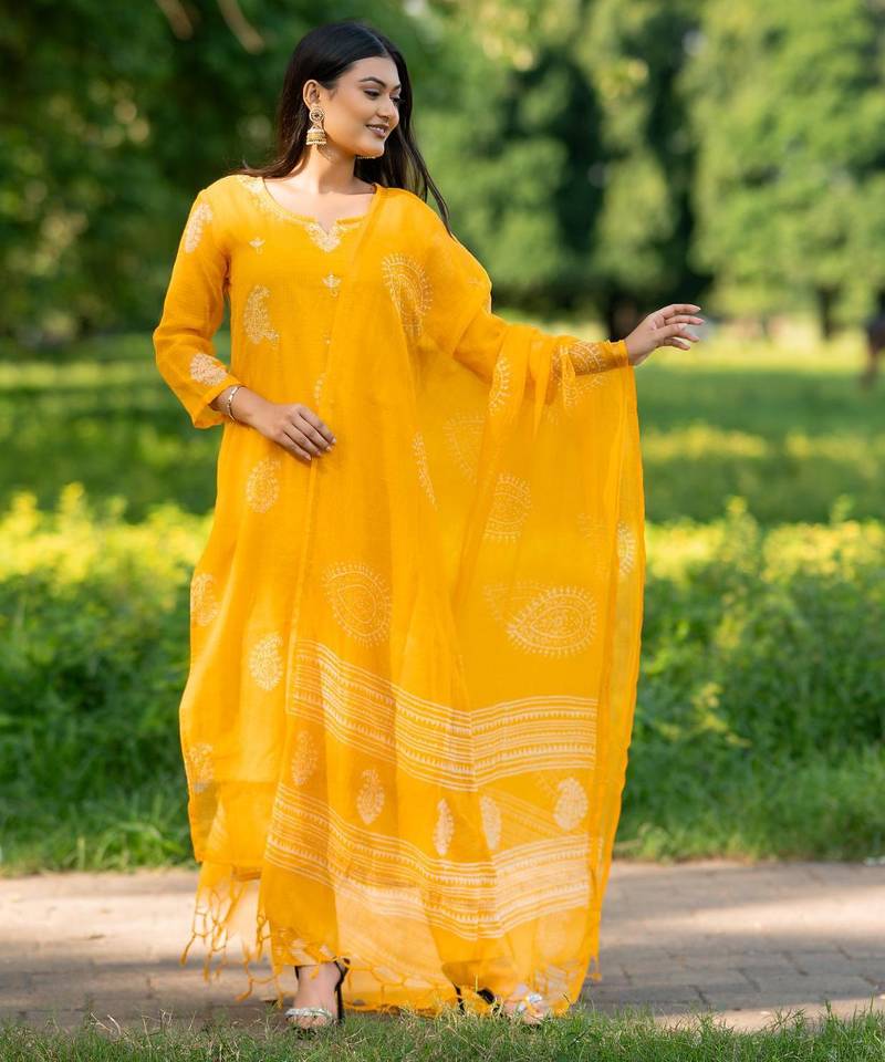 Women yellow pure handblock kota doriya beautiful hand  sequence  work.  kurta set