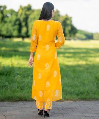 Women yellow pure handblock kota doriya beautiful hand sequence work. kurta set 2