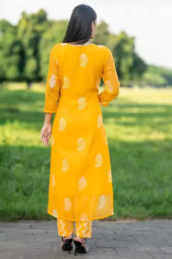 Women yellow pure handblock kota doriya beautiful hand sequence work. kurta set