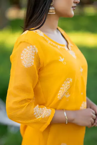 Women yellow pure handblock kota doriya beautiful hand sequence work. kurta set