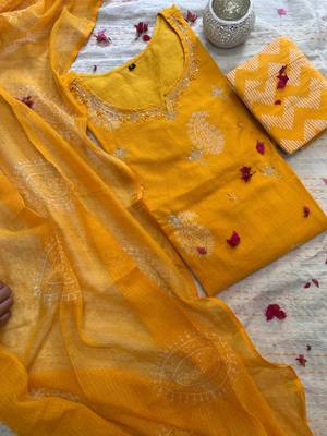 Women yellow pure handblock kota doriya beautiful hand sequence work. kurta set 4