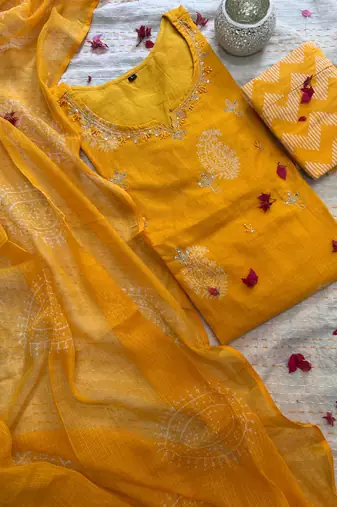 Women yellow pure handblock kota doriya beautiful hand sequence work. kurta set