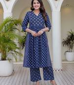 Women blue cotton delicate sequence and moti embellishments on neckline kurta set