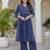 Women blue cotton delicate sequence and moti embellishments on neckline kurta set
