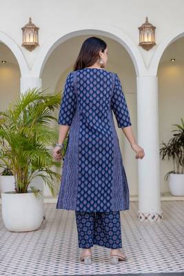 Women blue cotton delicate sequence and moti embellishments on neckline kurta set 2