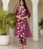 Women plum cotton premium pure cotton, neck has  detailing all work over has side border detailing kurta set
