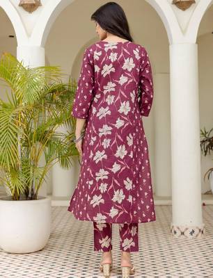 Women plum cotton premium pure cotton neck has detailing all work over has side border detailing kurta set 2