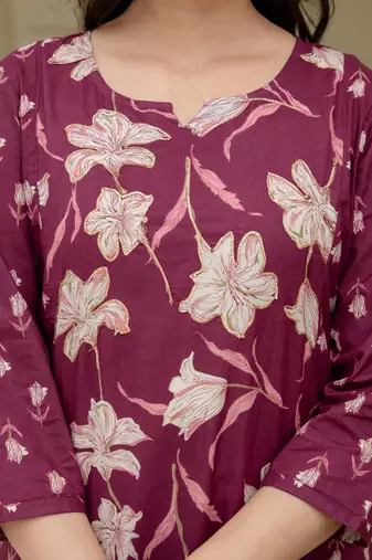Women plum cotton premium pure cotton neck has detailing all work over has side border detailing kurta set