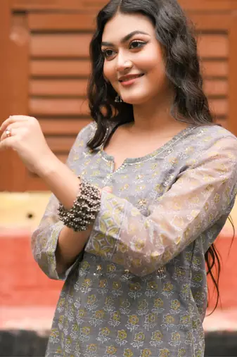 Women grey pure handblock kota doriya beautiful hand sequence work. kurta set