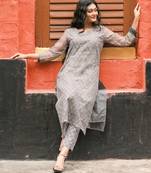 Women grey pure handblock kota doriya beautiful hand  sequence  work.  kurta set