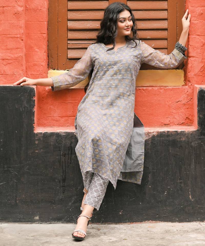Women grey pure handblock kota doriya beautiful hand  sequence  work.  kurta set