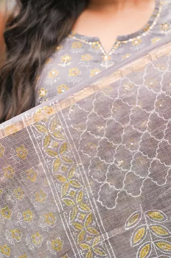 Women grey pure handblock kota doriya beautiful hand sequence work. kurta set
