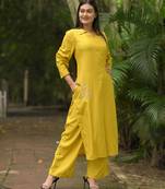 Women yellow premium crystal silk subtle chid and moti cutdana work on the collar and near the hemline kurta set