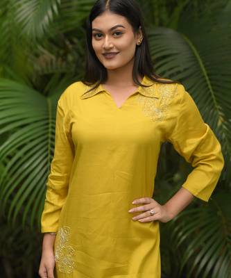 Women yellow premium crystal silk blend subtle chid and moti cutdana work on the collar and near the hemline kurta set 2