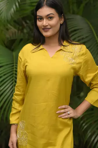 Women yellow premium crystal silk subtle chid and moti cutdana work on the collar and near the hemline kurta set