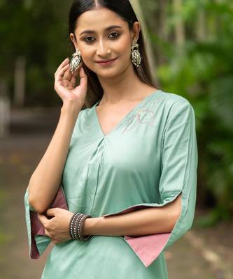 Women sea green premium crystal silk fine hand embroidery thread running stitch work on the neckline and hem kurta set 2